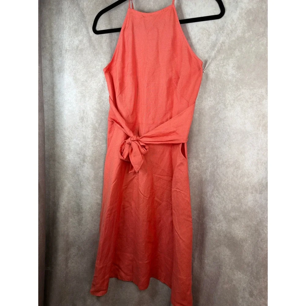 LOFT Dress Womens 0 Coral Linen Blend Halter Tie Waist Midi Sun‎ Dress Pockets
